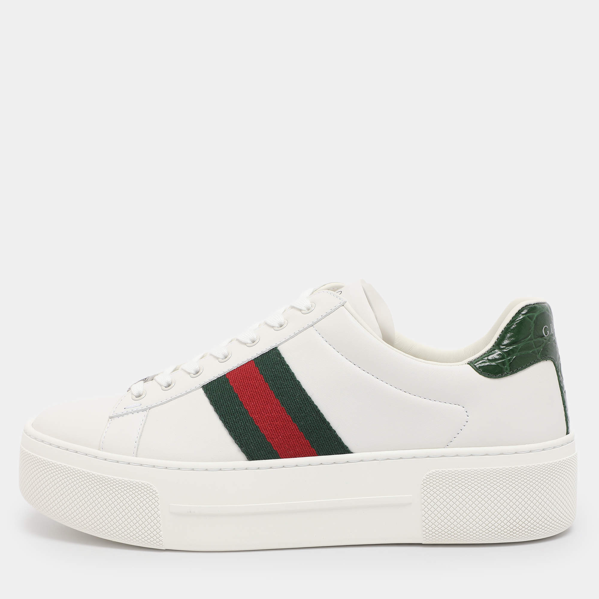 Pre Owned Gucci White Leather Web Ace Platform Sneakers Size 38