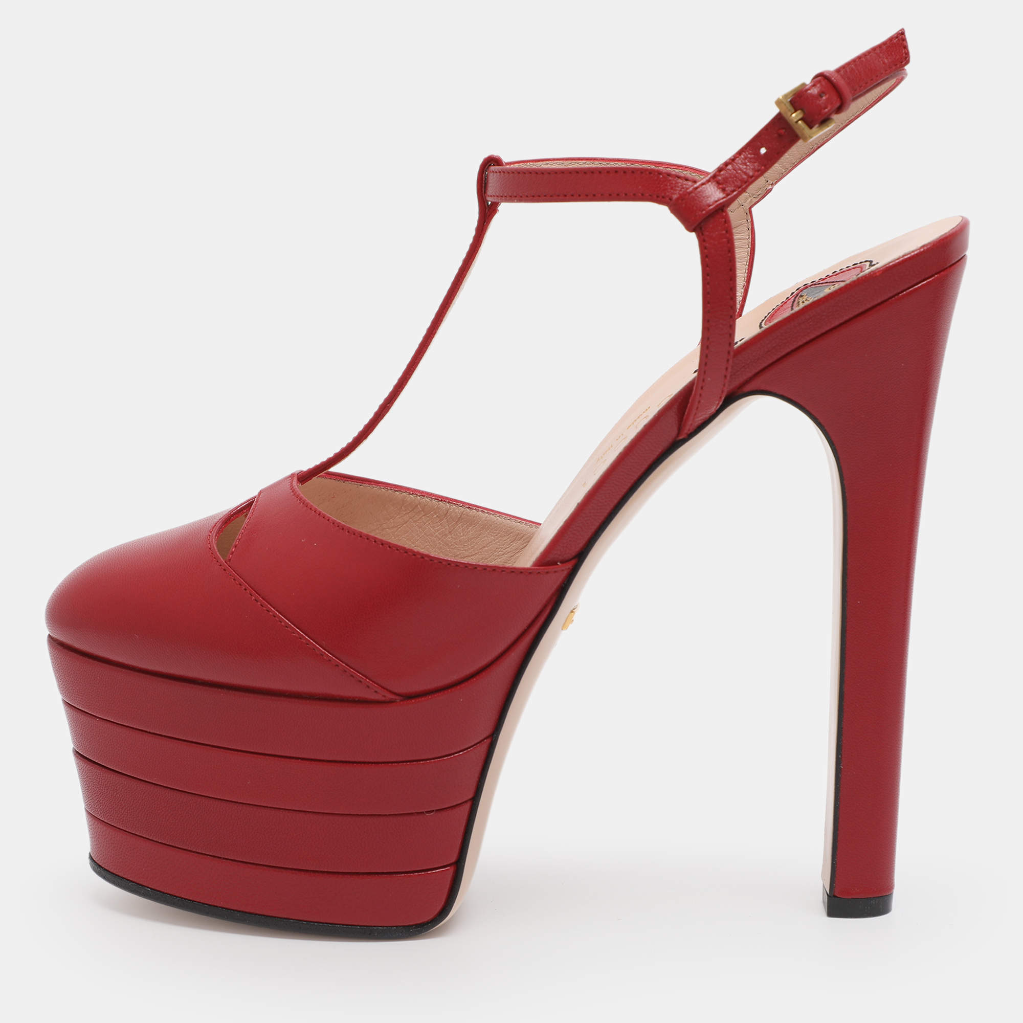 Pre Owned Gucci Angel Size 38.5 Red Leather Platform Sandals