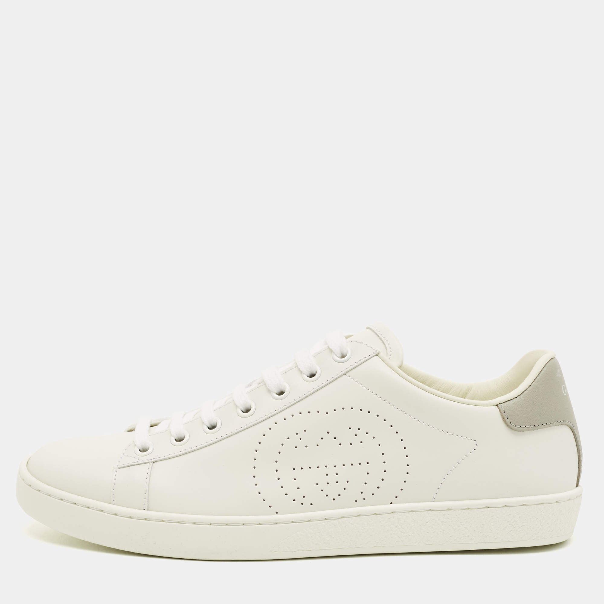 Pre Owned Gucci Ace Size 38.5 White Perforated Interlocking G Leather Low Top Sneakers