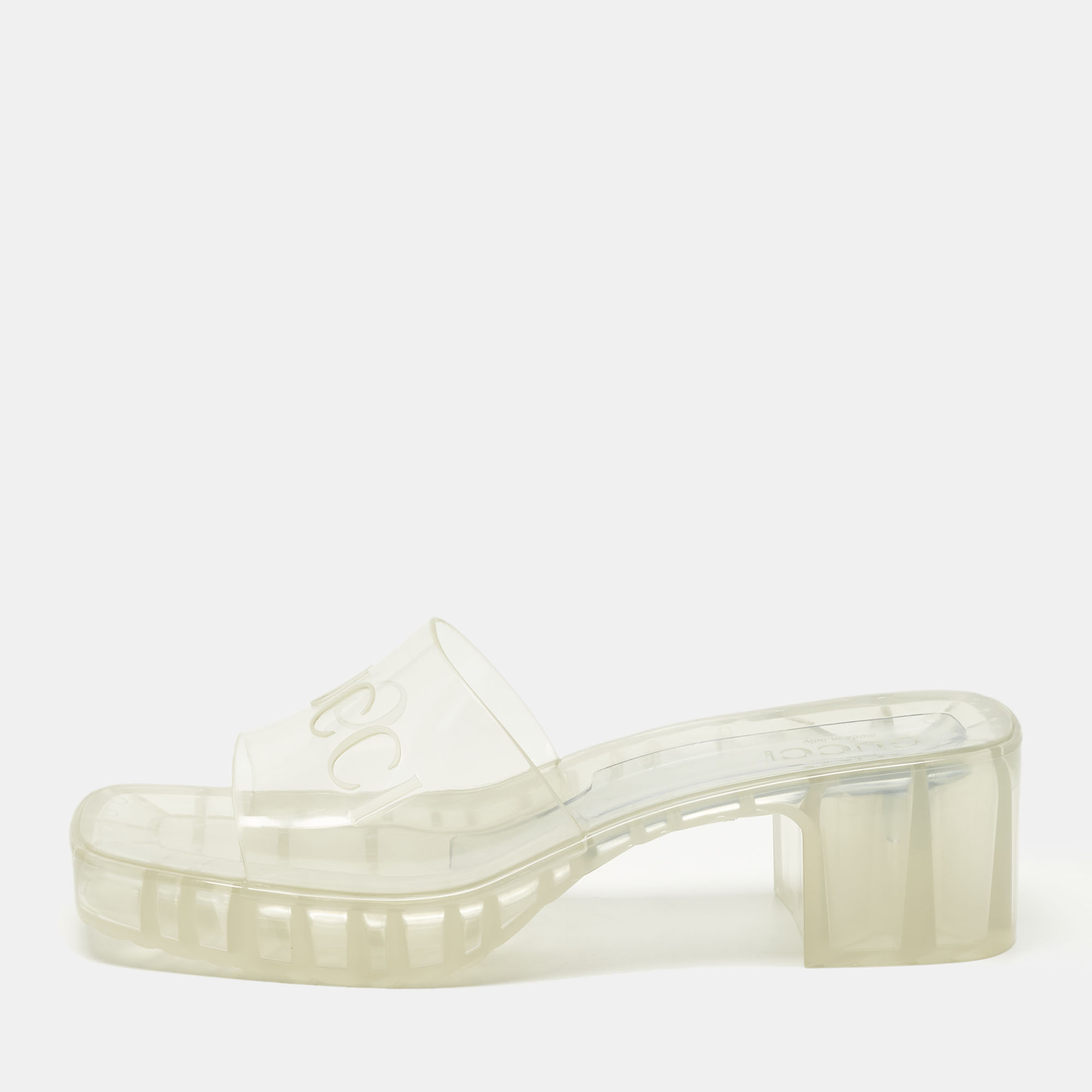 Pre Owned Gucci Embossed Logo Size 40 Transparent Rubber Slide Sandals