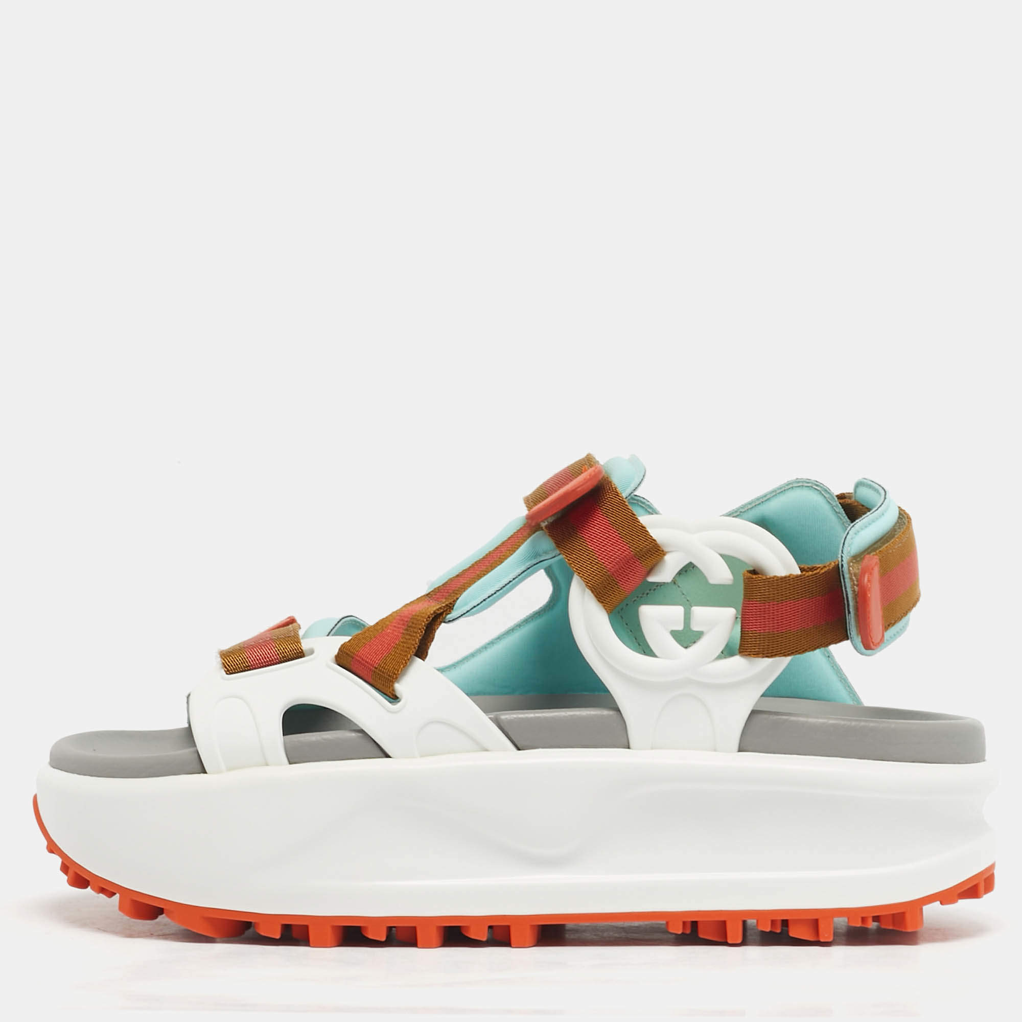 Pre Owned Gucci Interlocking G Size 35 Multicolor Canvas and Neoprene Platform Sandals