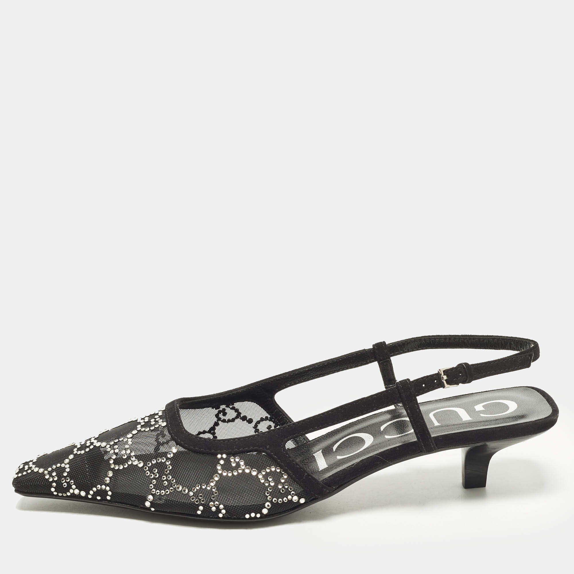 Pre Owned Gucci Size 36.5 Black Mesh and Suede  GG Crystal Embellished Slingback Pumps