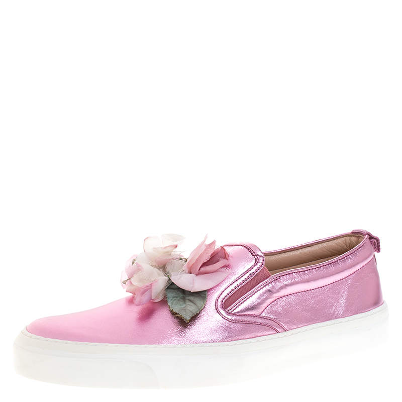 Gucci Pink Foil Leather Flower Slip On Sneakers Size 40
