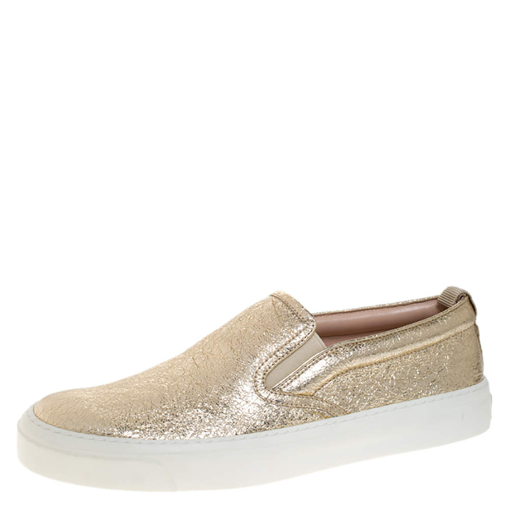 Pre Owned Gucci Metallic Gold Foil Leather Slip On Sneakers Size 37