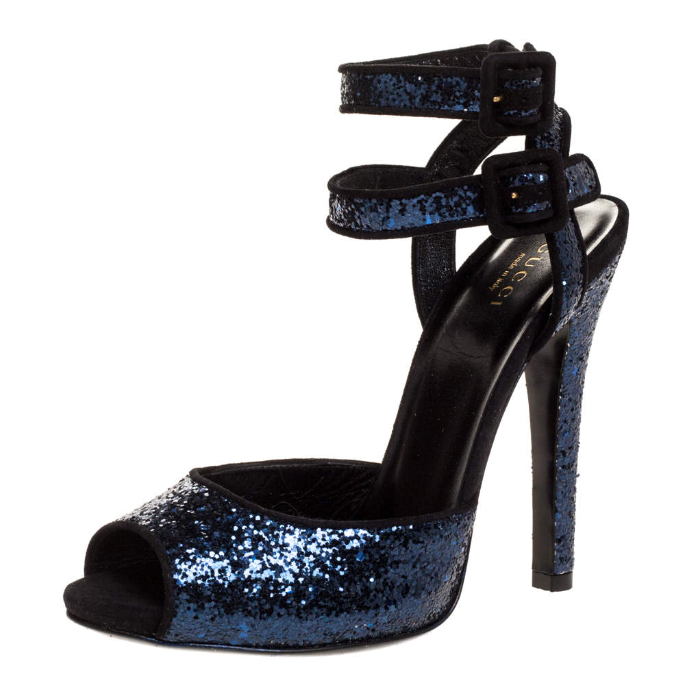 Pre Owned Gucci Metallic Blue Glitter Suede Ankle Strap Sandals Size 37.5