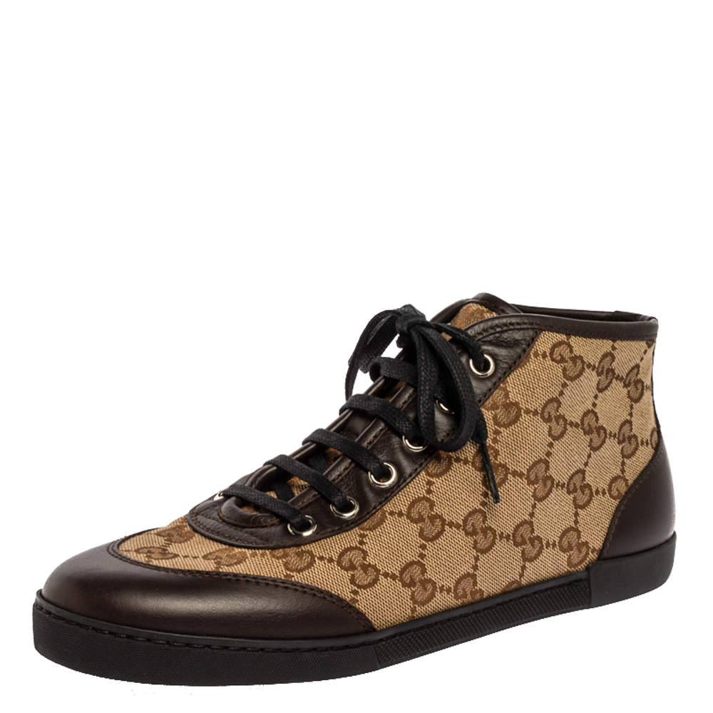 Pre Owned Gucci Brown/Beige GG Canvas and Leather Lace Up High Top Sneakers Size 36