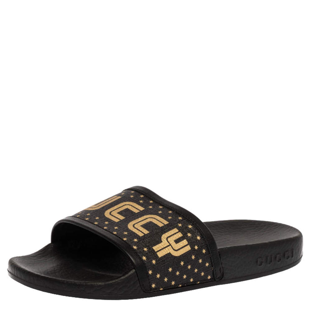 Black and cheap gold gucci slides