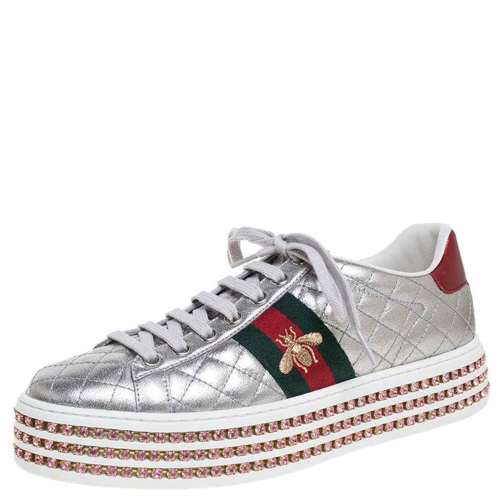 Gucci Silver Quilted Leather And Bee Web Detail New Ace Crystal Embellished Platform Sneakers Size 38