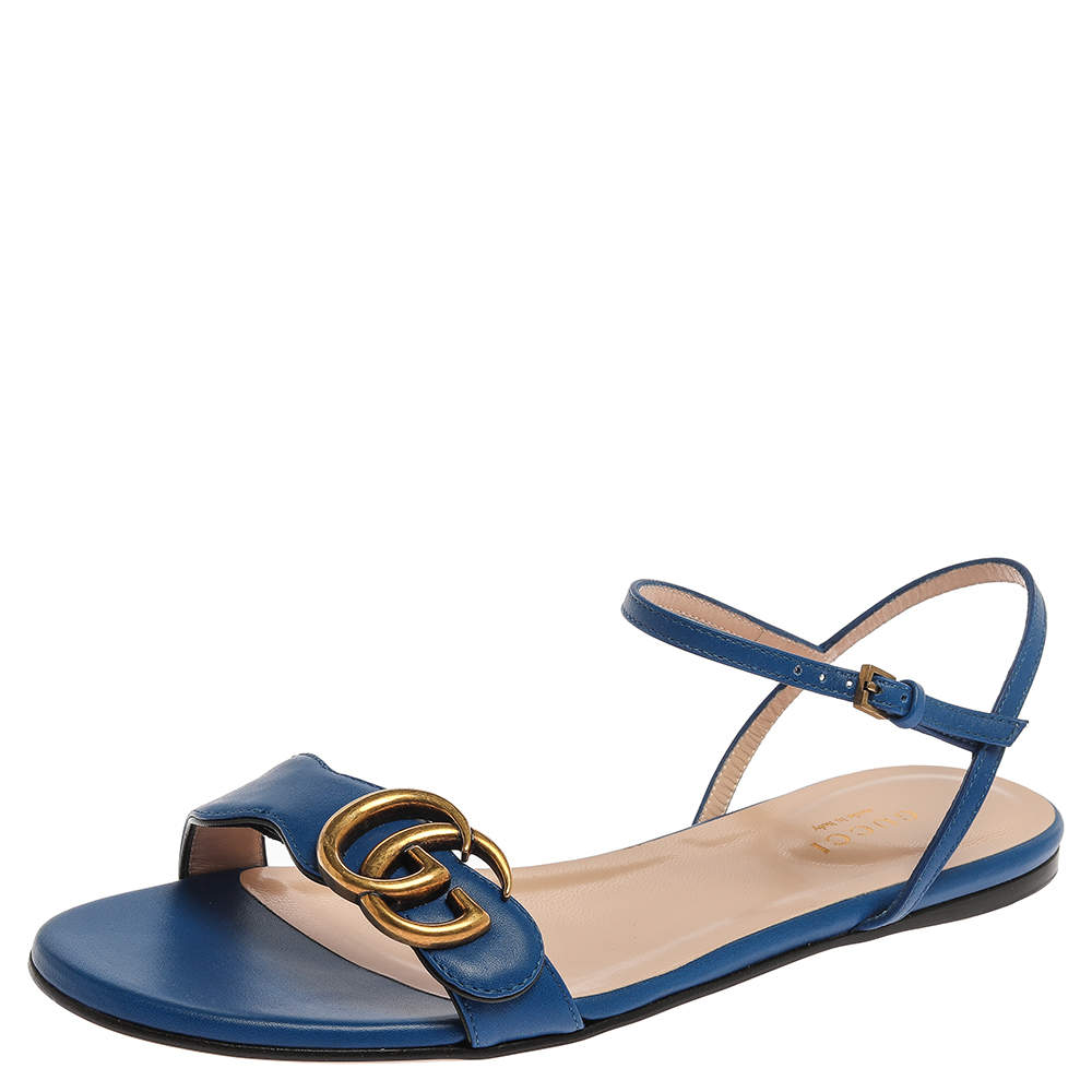 مملوكة مسبقًا Gucci Blue Leather GG Marmont Ankle Strap Slide Flats Size 36.5