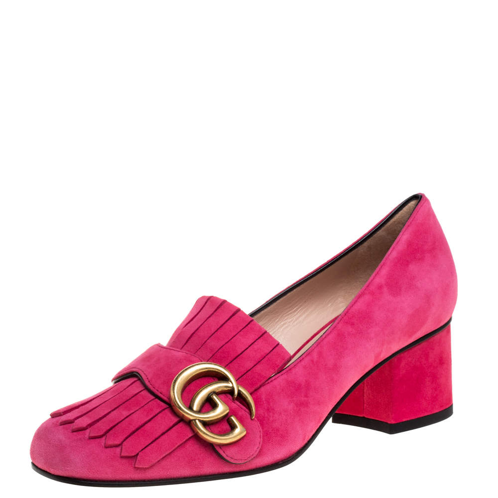 مملوكة مسبقًا Gucci Pink Suede GG Marmont Fringe Detail Square Toe Block Heel Pumps Size 36
