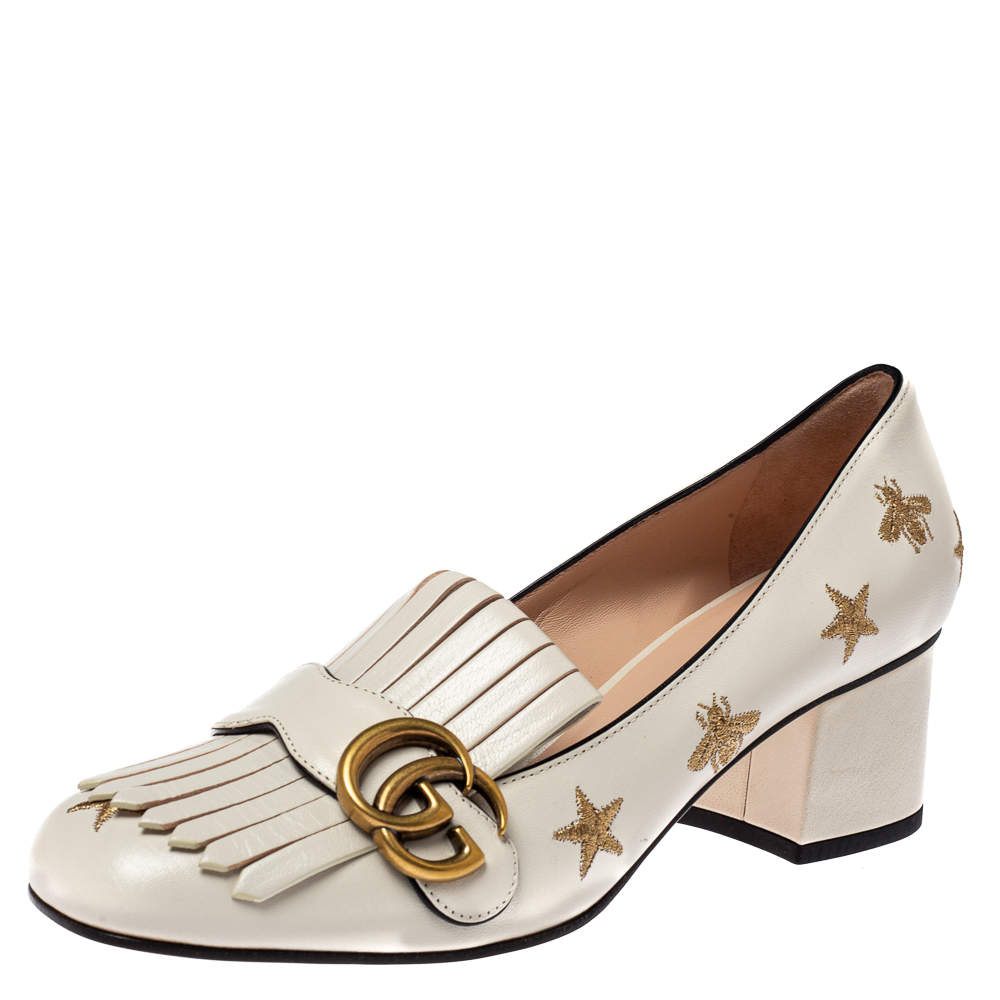 Gucci White Leather GG Star Marmont Fringe Pumps Size 38