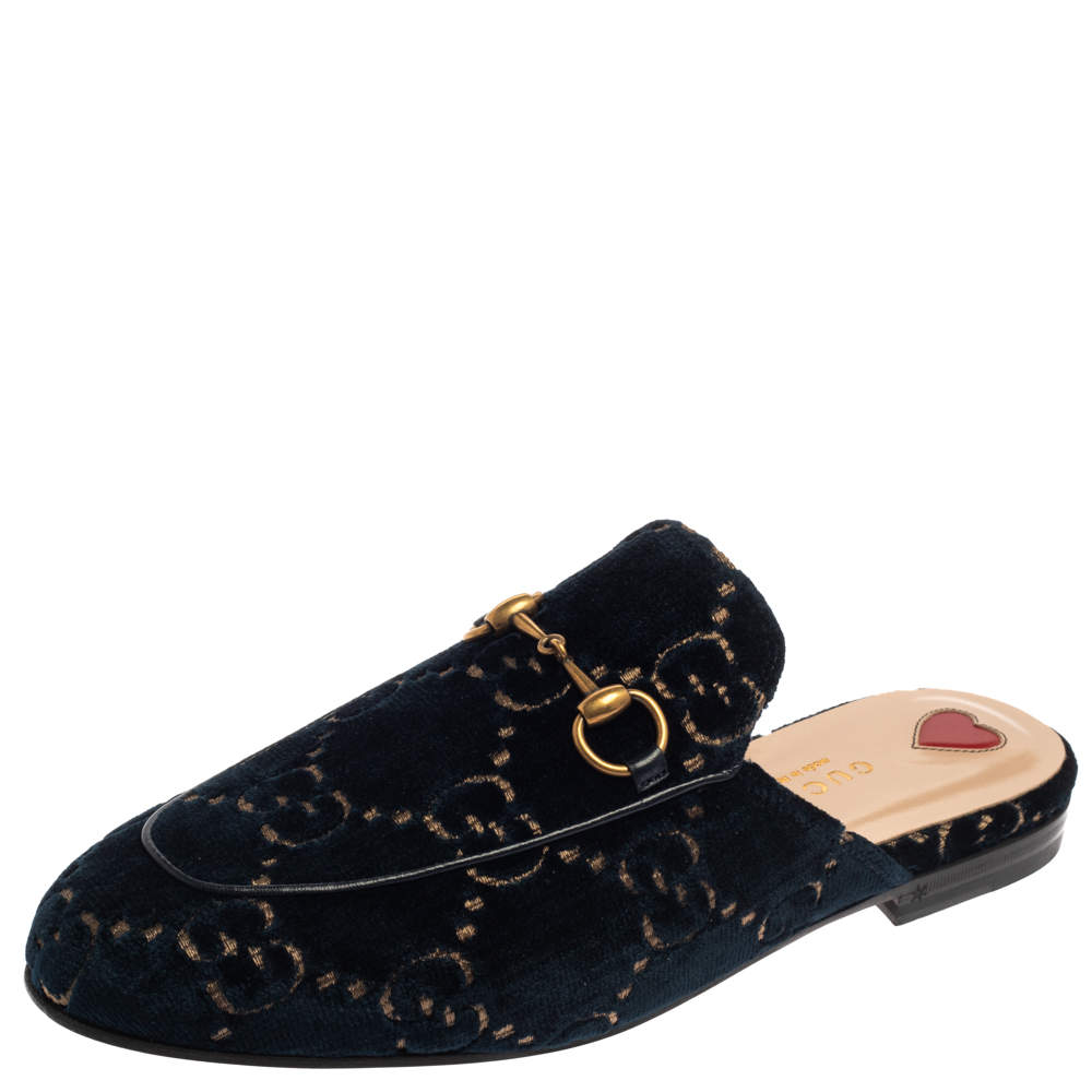 Pre Owned Gucci Blue/Gold GG Velvet Princetown Horsebit Flat Mules Size 37