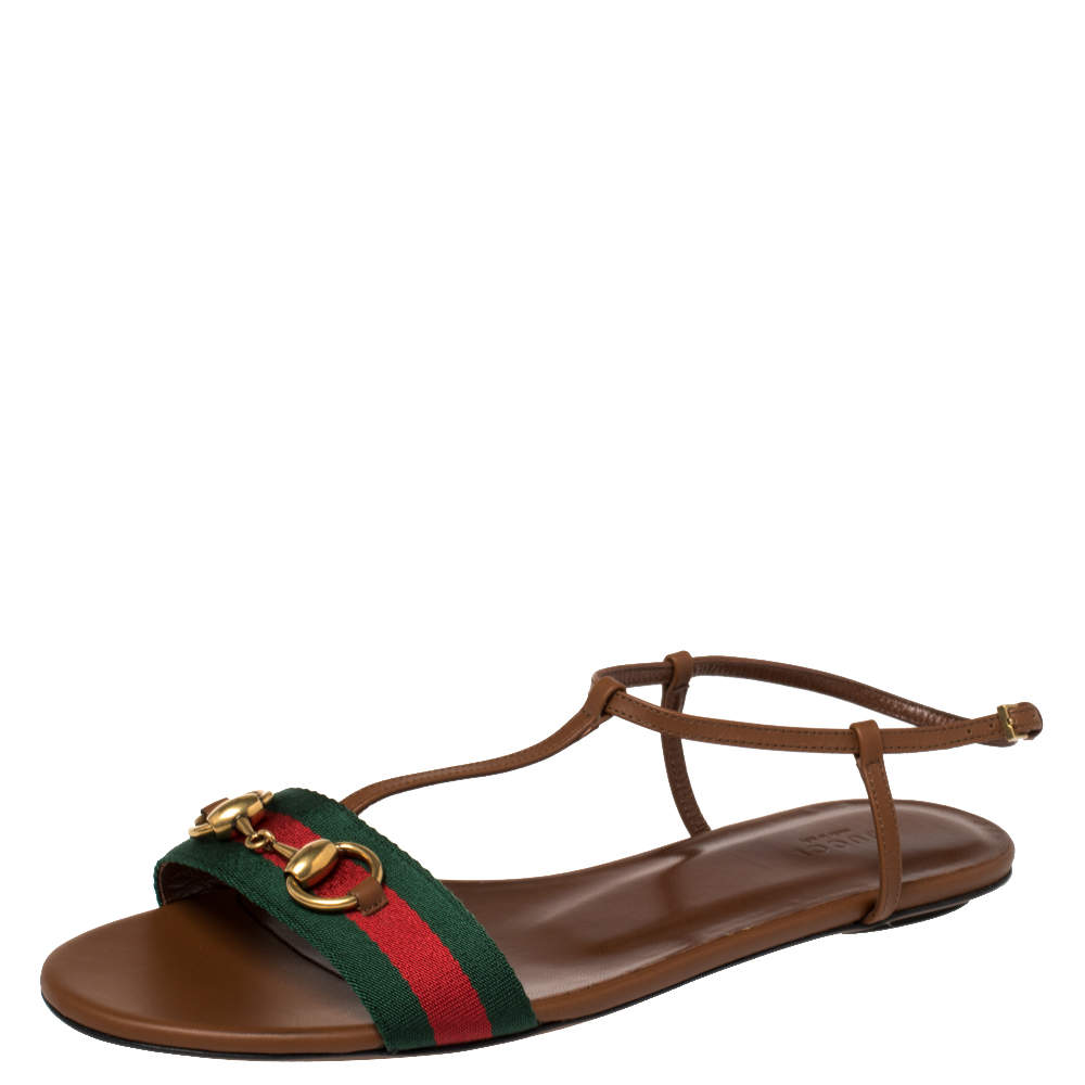 Pre Owned Gucci Brown Leather Web Detail Liliana Horsebit Flat Sandals Size 40.5