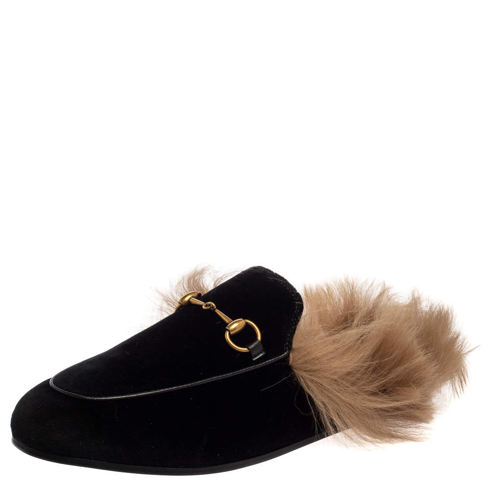 Gucci Black Velvet And Fur Lined Princetown Flat Mules Size 38