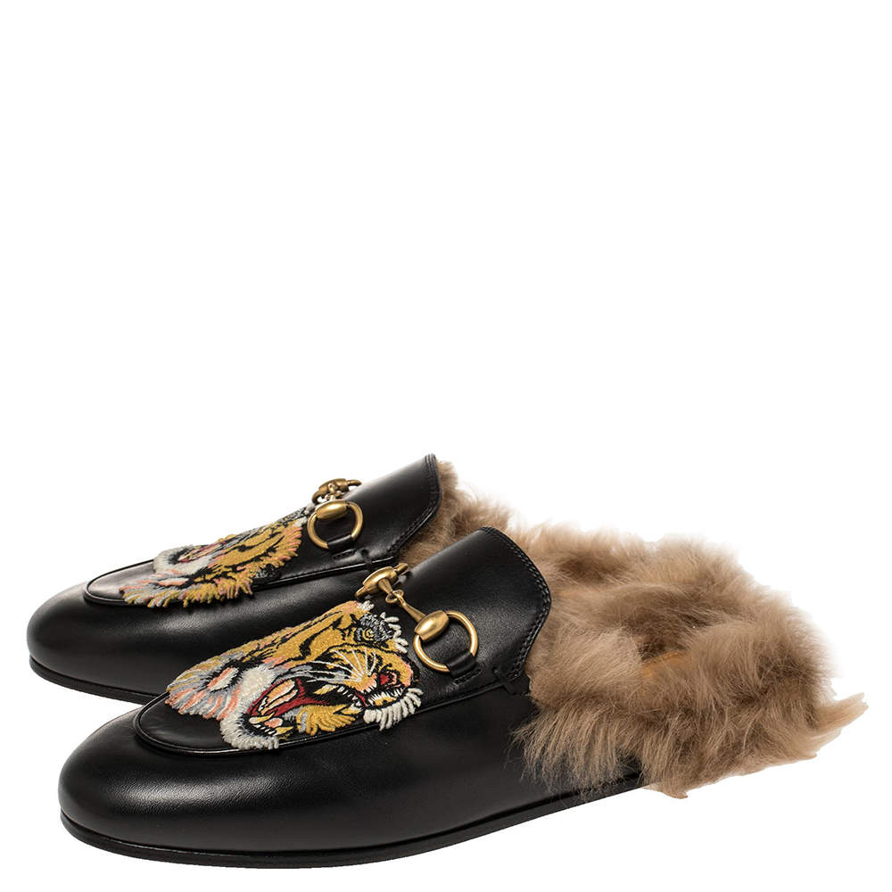 Gucci Black Embroidered Leather and Fur Lined Princetown Flat Mules 36.5 | TLC