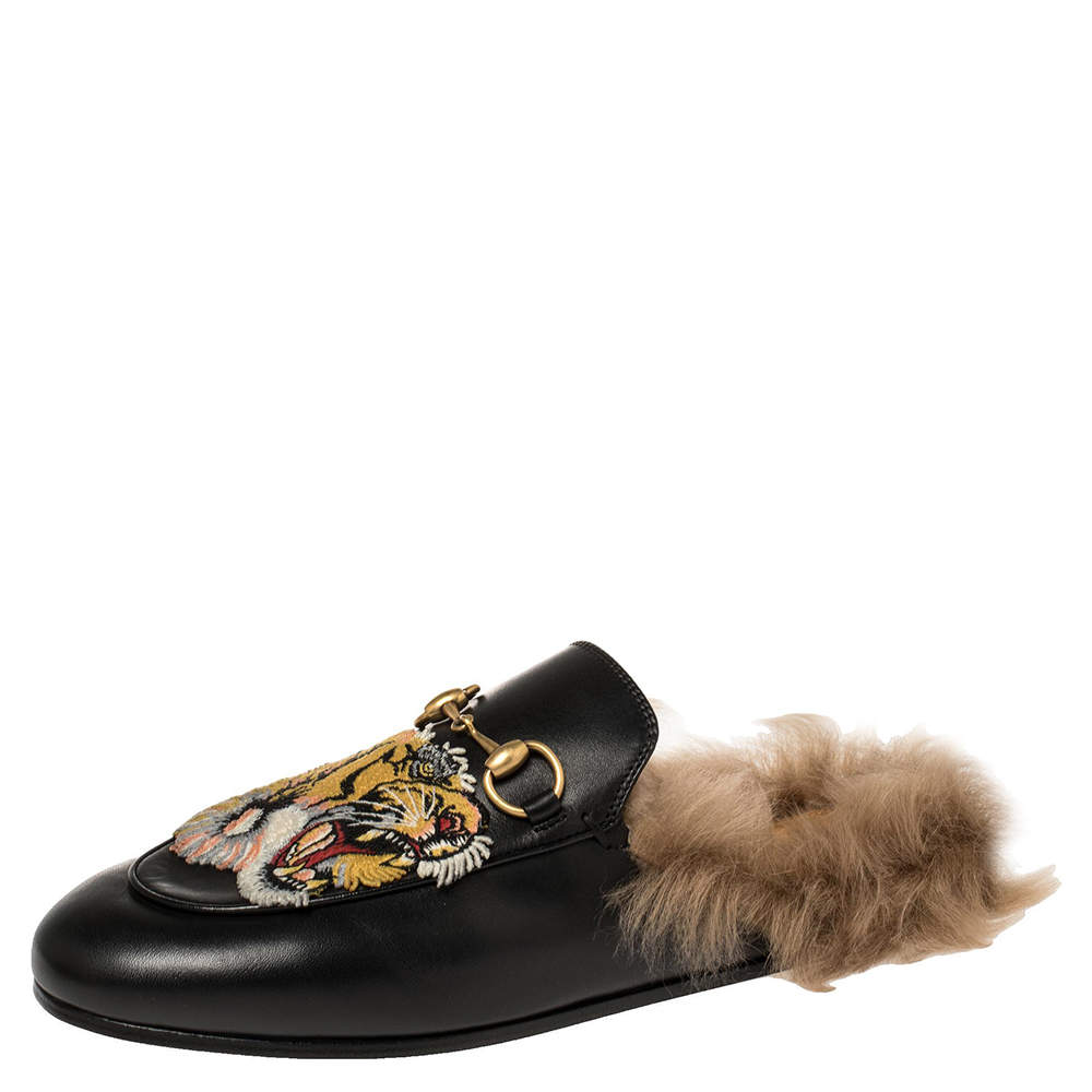 Gucci Black Tiger Embroidered Leather and Fur Lined Princetown Flat Mules Size 36.5
