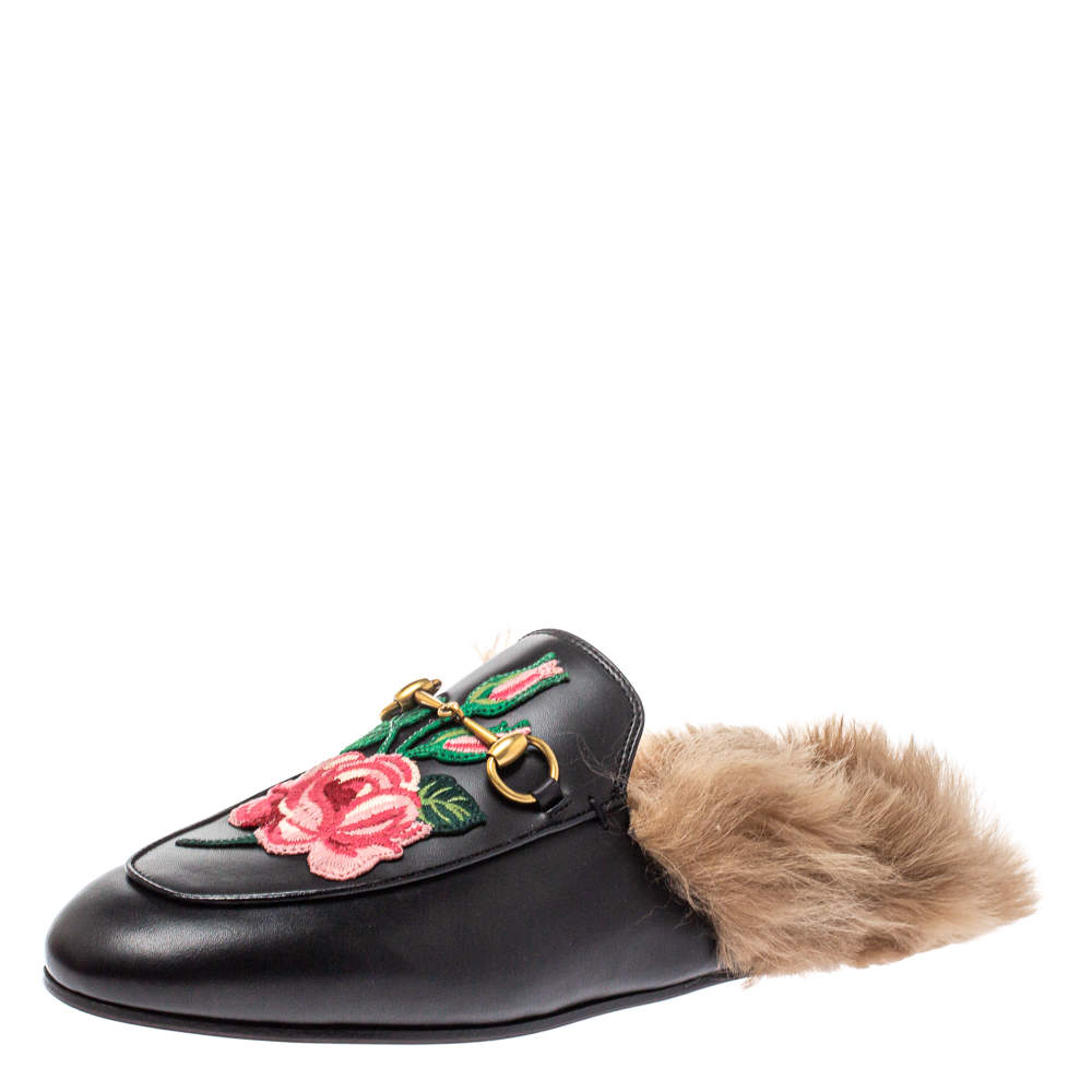 Gucci Black Floral Embroidered Leather and Fur Lined Prince town Mules Size 39