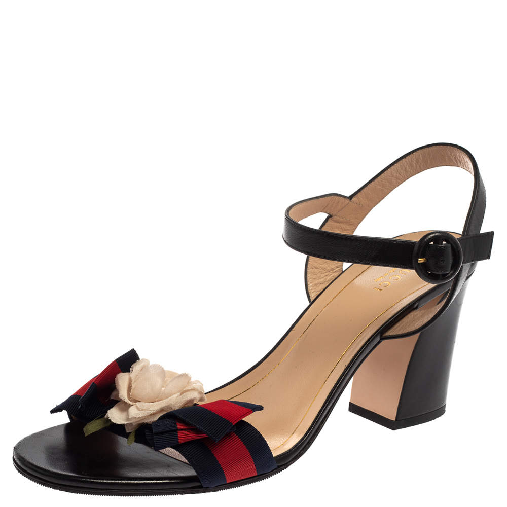 Gucci Black Leather  Web Bow Flower Sandals Size 41