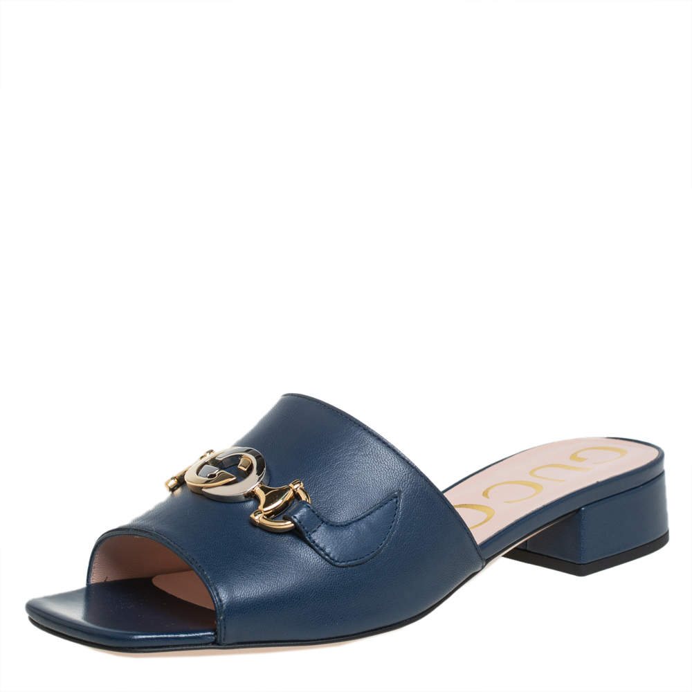 مملوكة مسبقًا Gucci Blue Leather Zumi Slide Sandals Size 37