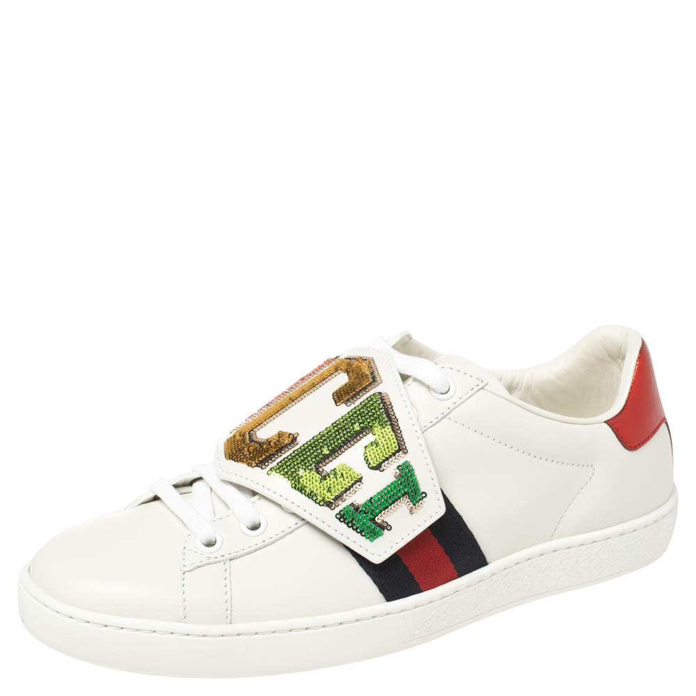 Pre Owned Gucci White Leather Sequin Embellished Ace Web Detail Low Top Sneakers Size 37