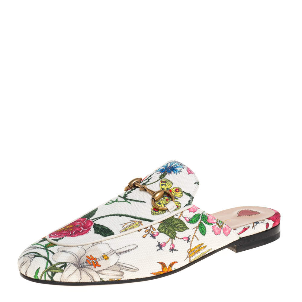 Pre Owned Gucci Multicolor Floral Canvas Horsebit Princetown Flat Mules Size 36.5