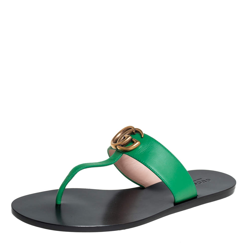Pre Owned Gucci Green Leather GG Marmont Thong Flats Size 38.5