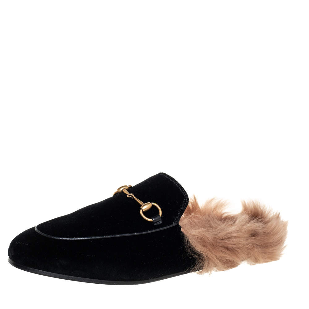 Gucci Black Velvet And Fur Princetown Sandals Size 38