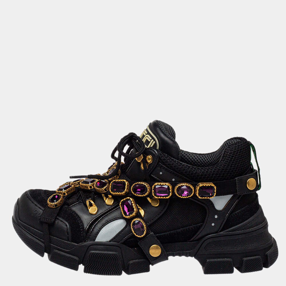 Pre Owned Gucci Black Leather And Mesh Flashtrek Removable Crystals Sneaker Size 39