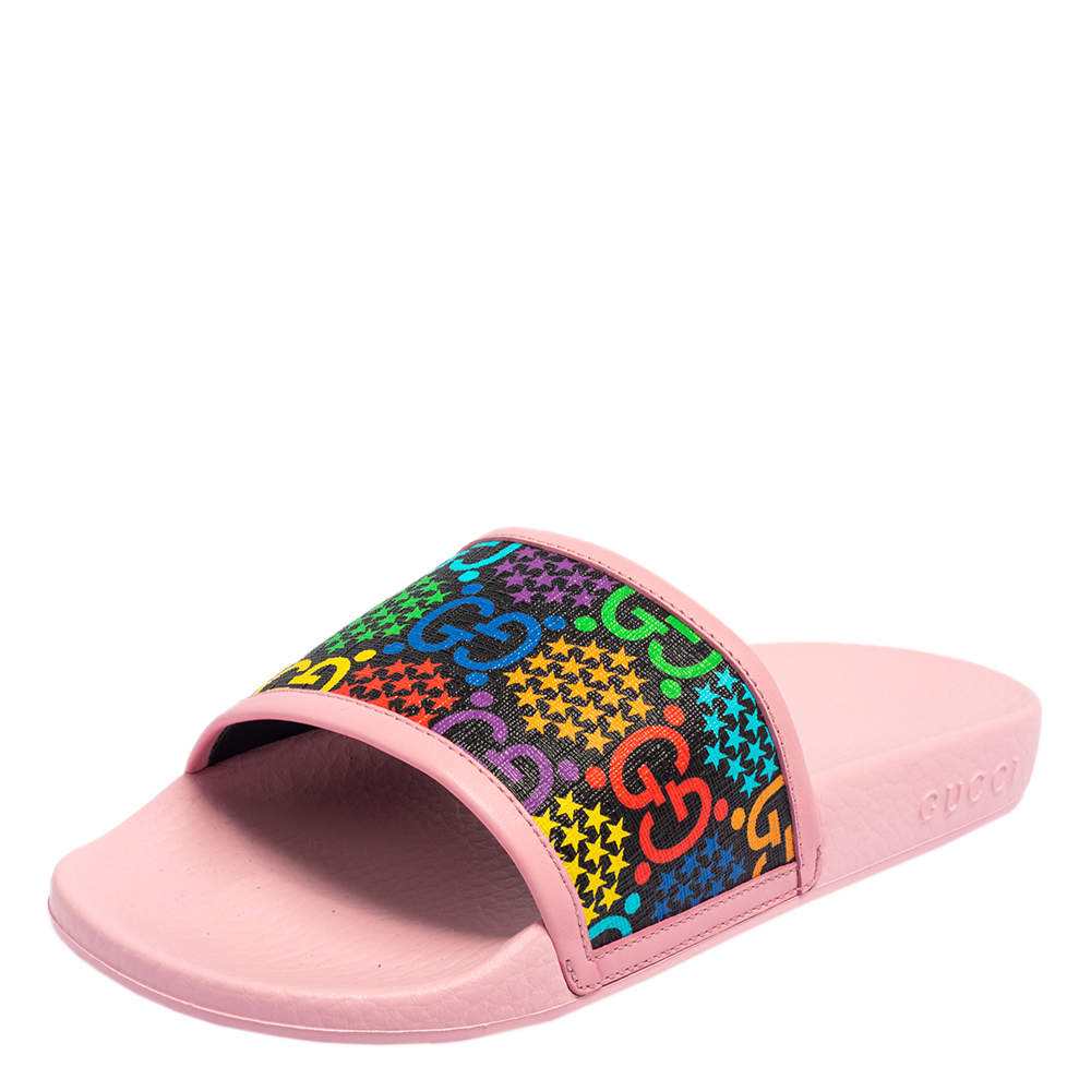 Pre Owned Gucci Multicolor Coated Canvas And Leather GG Psychedelic Printed Slides Size 36