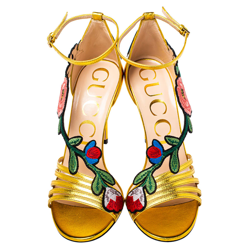 Gucci Gold Leather Ophelia Floral Embroidered Ankle Strap Sandals