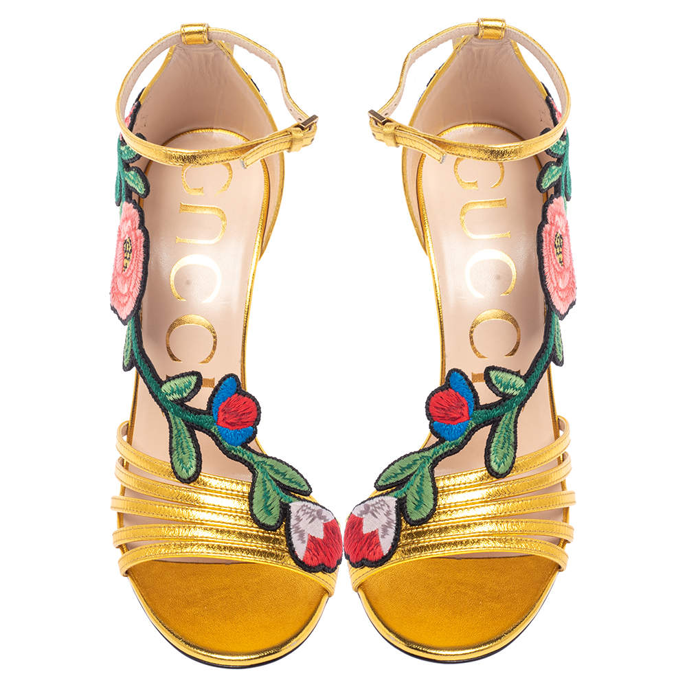 Gucci Gold Leather Ophelia Flower Embroidered Strappy Sandals Size 37