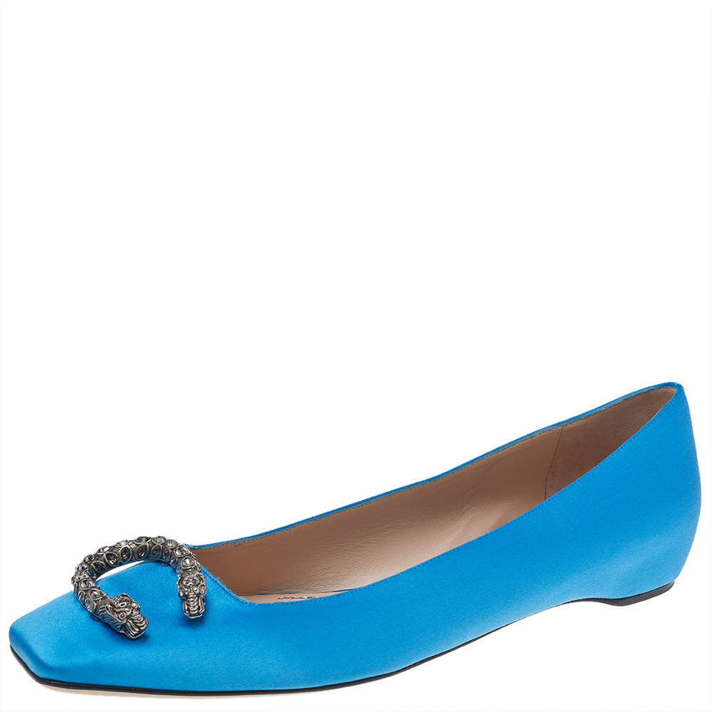 Pre Owned Gucci Blue Satin Dionysus Accent Ballet Flats Size 40