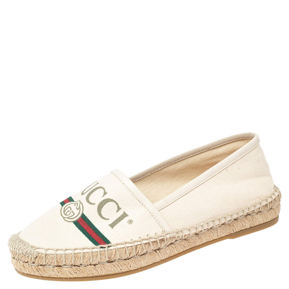 Gucci Cream Canvas Logo Espadrille Flats Size 35 Gucci | The Luxury Closet