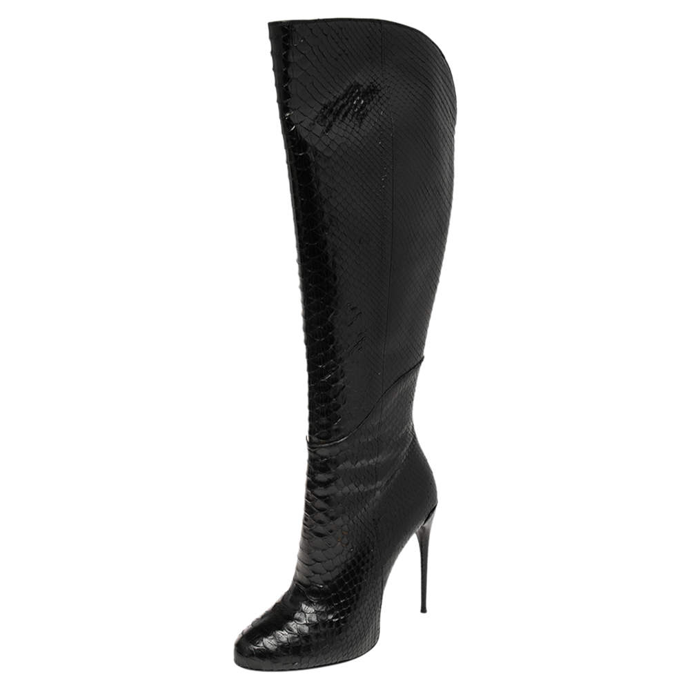 Gucci Black Python Leather Knee High Boots Size 39