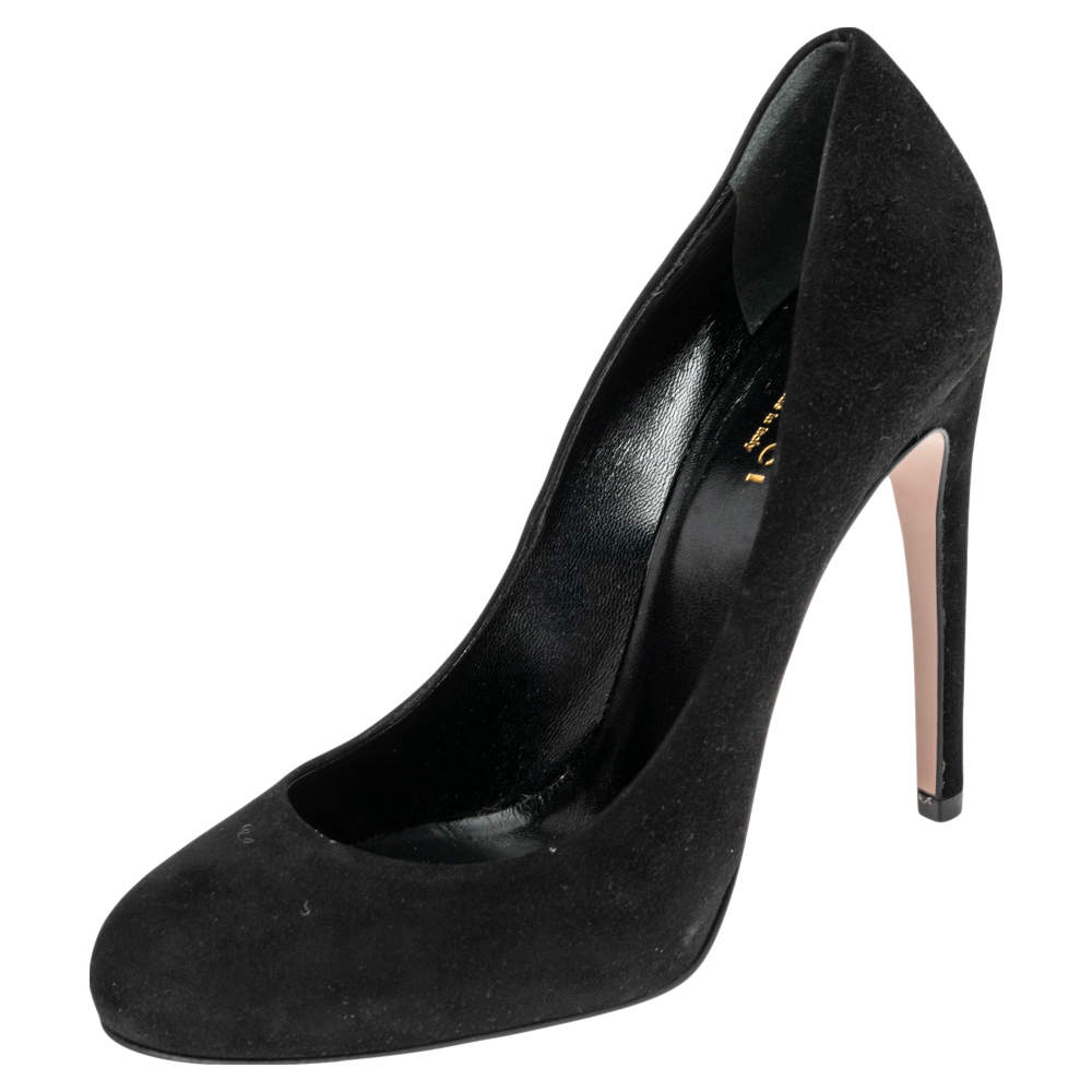 Pre Owned  حذاء كعب عالي غوتشي بمقدمة مفتوحة سويدي أسود مقاس 37.5