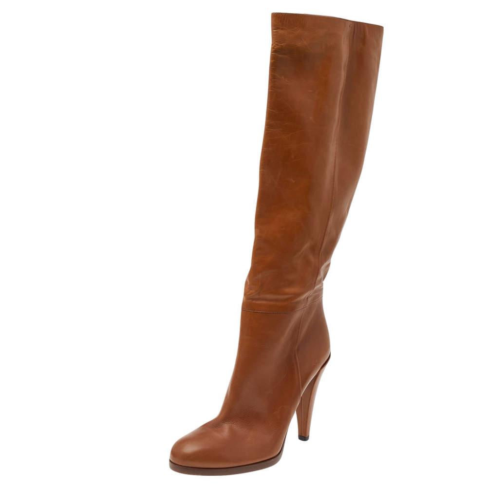 Pre Owned حذاء بوت غوتشي أليزابيث جلد بني فاتح بطول الركبة مقاس 39