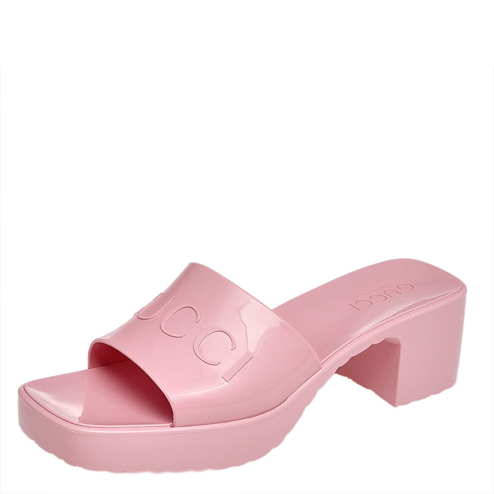 Pre Owned Gucci Pink Rubber Logo Platform Slide Sandals Size 37