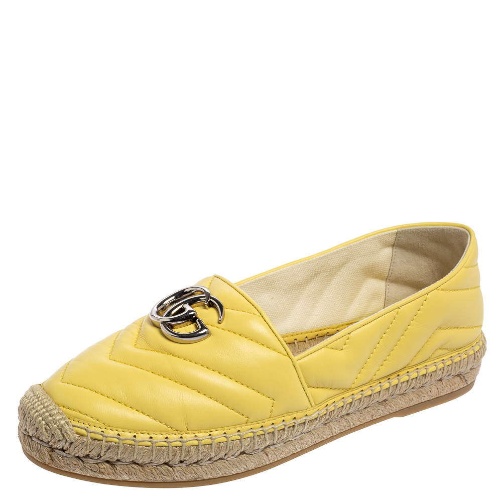 Pre Owned Gucci Yellow Matelassé Leather GG Marmont Espadrille Flats Size 37.5