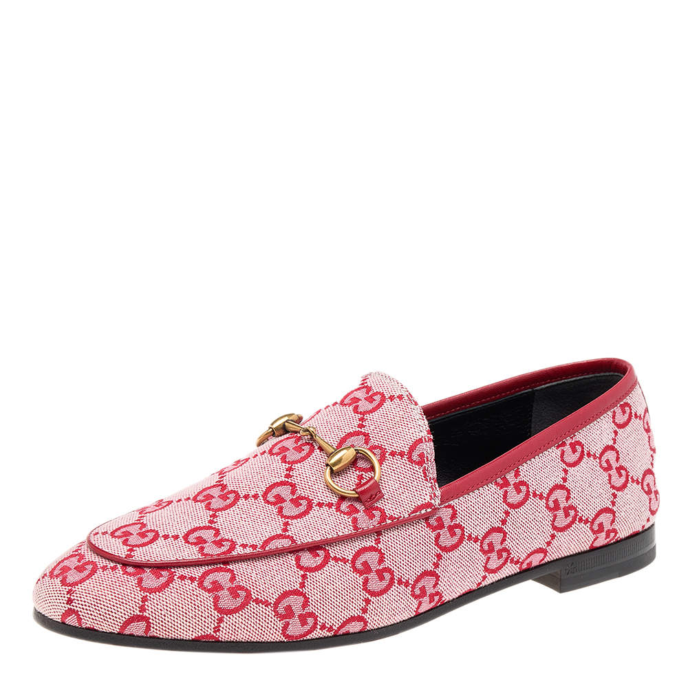 Pre Owned Gucci Red GG Canvas And Leather Horsebit Slip On Loafers Size 37