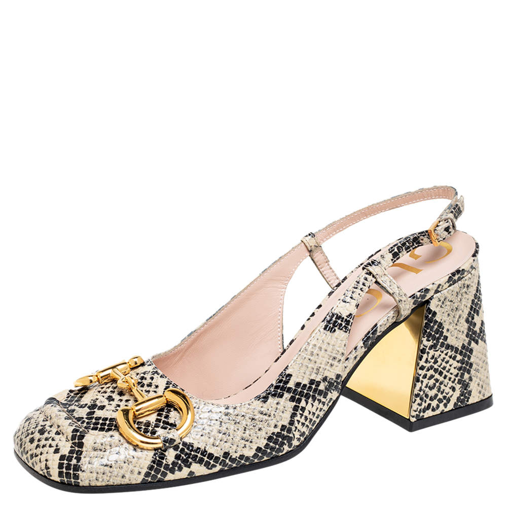 مملوكة مسبقًا Gucci Beige/Black Python Embossed Leather Horsebit  Slingback Sandals Size 36