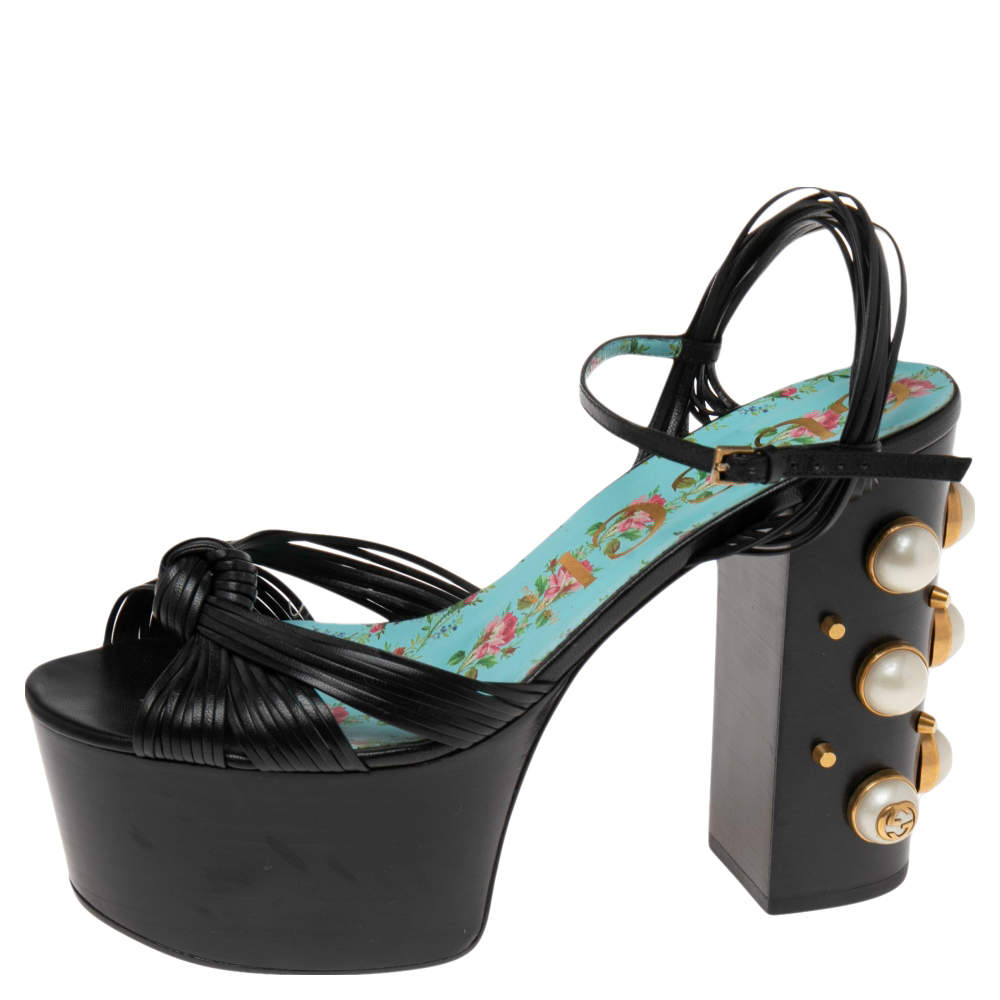 Pre Owned Gucci Black Leather Pearl & Stud Embellished Platform Sandals Size 39