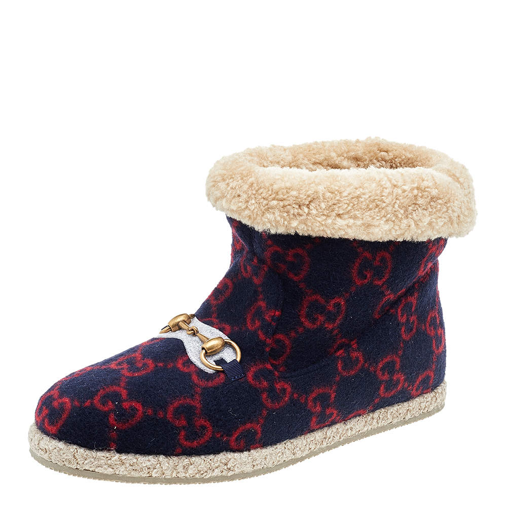Pre Owned Gucci Blue/Red GG Wool Fria Ankle Length Boots Size 38.5
