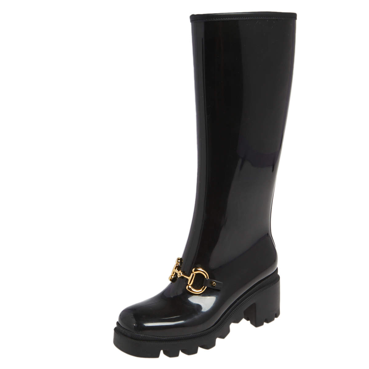 Pre Owned Gucci Black Rubber Horsebit Knee Length Boots Size 36