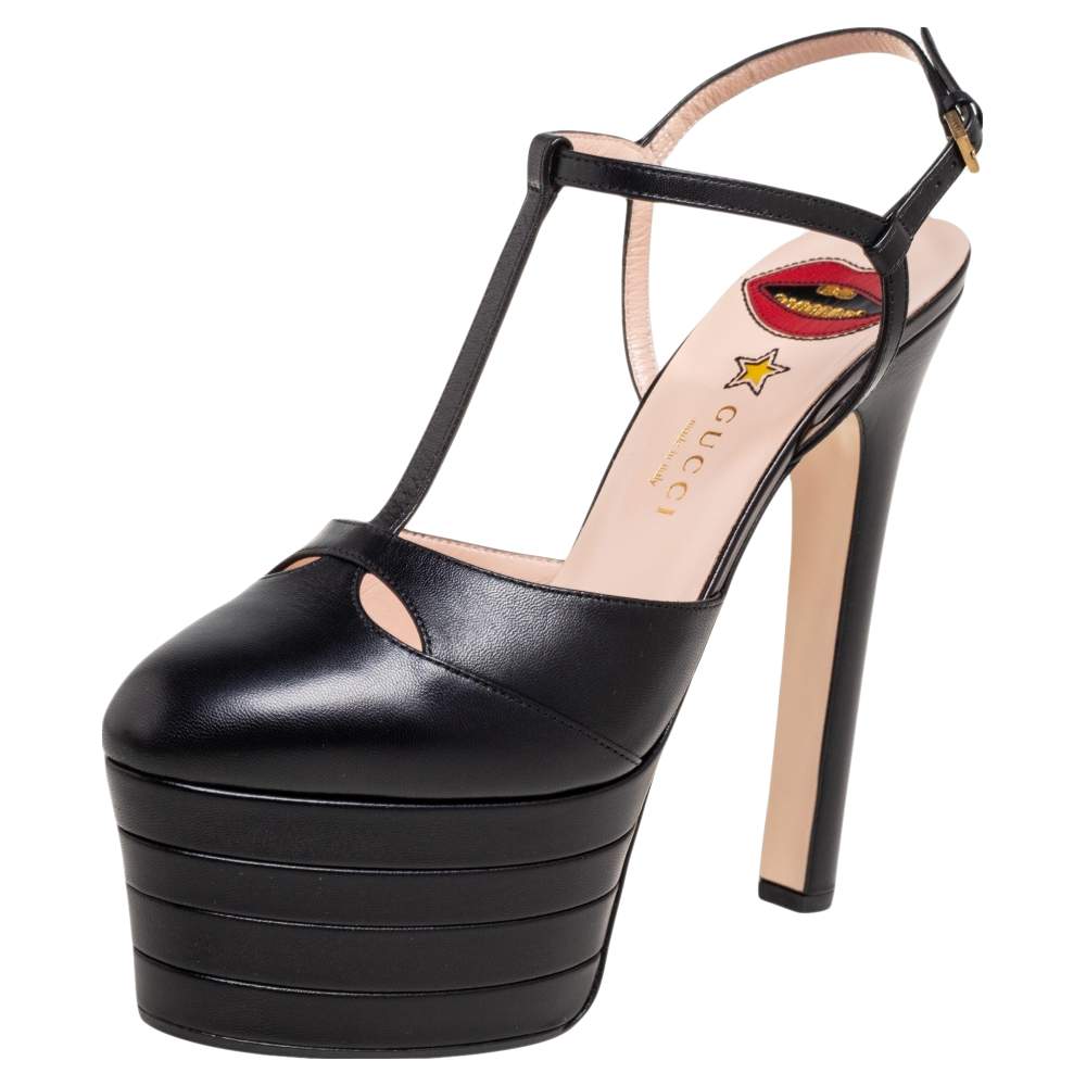 مملوكة مسبقًا Gucci Black Leather Angel T-Strap Platform Sandals Size 39