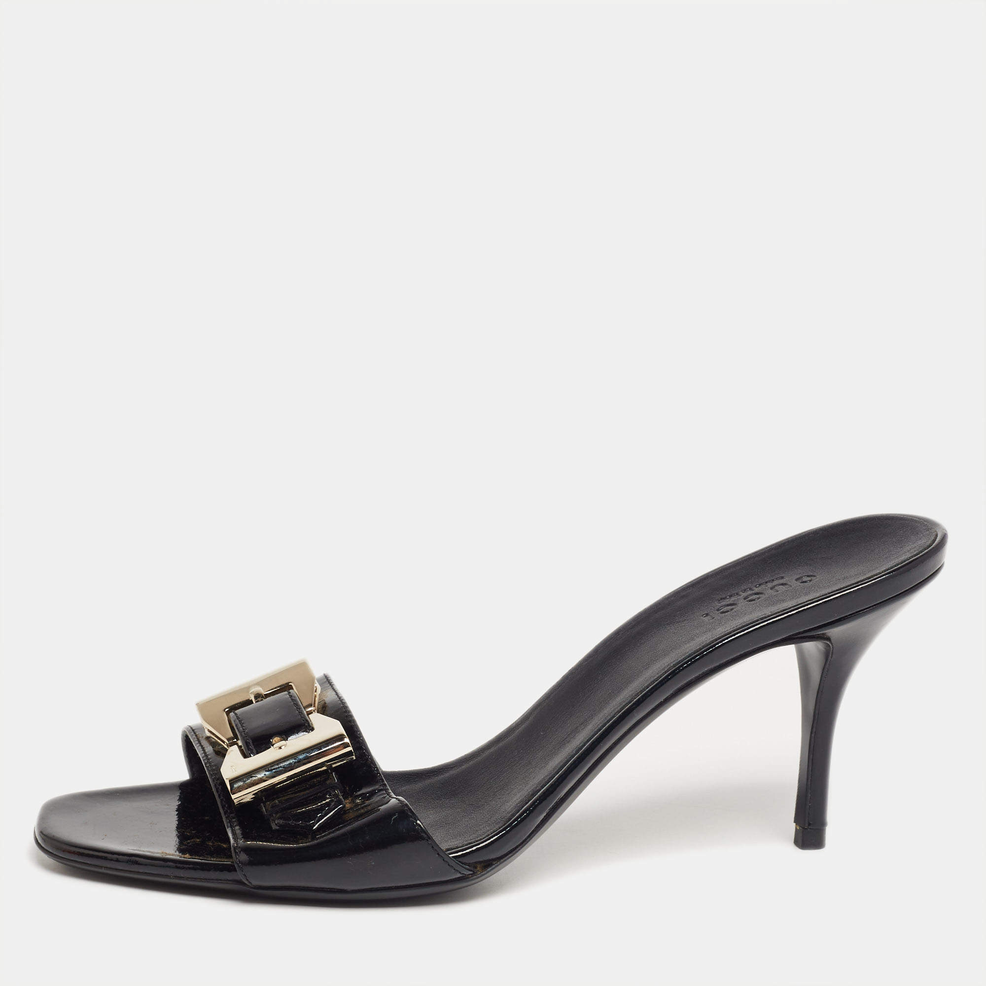 مملوكة مسبقًا Gucci Black Patent Leather Double Buckle Slide Sandals Size 38