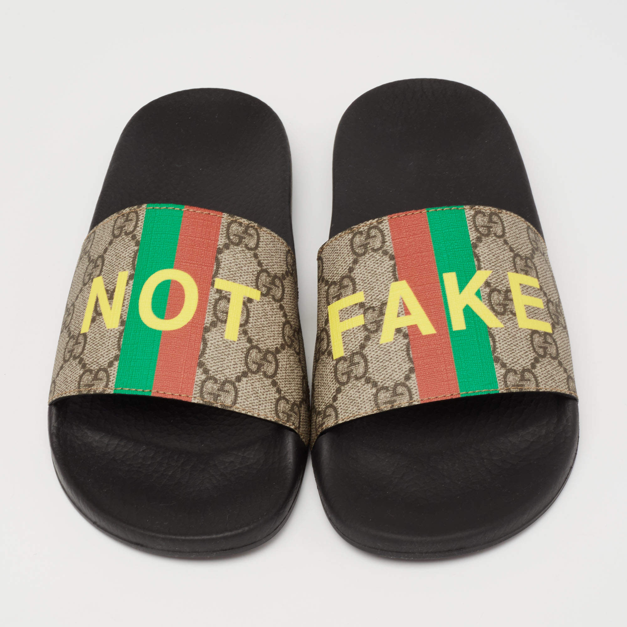 Gucci Beige Not Fake Print GG Supreme Canvas Slide Flat Sandals