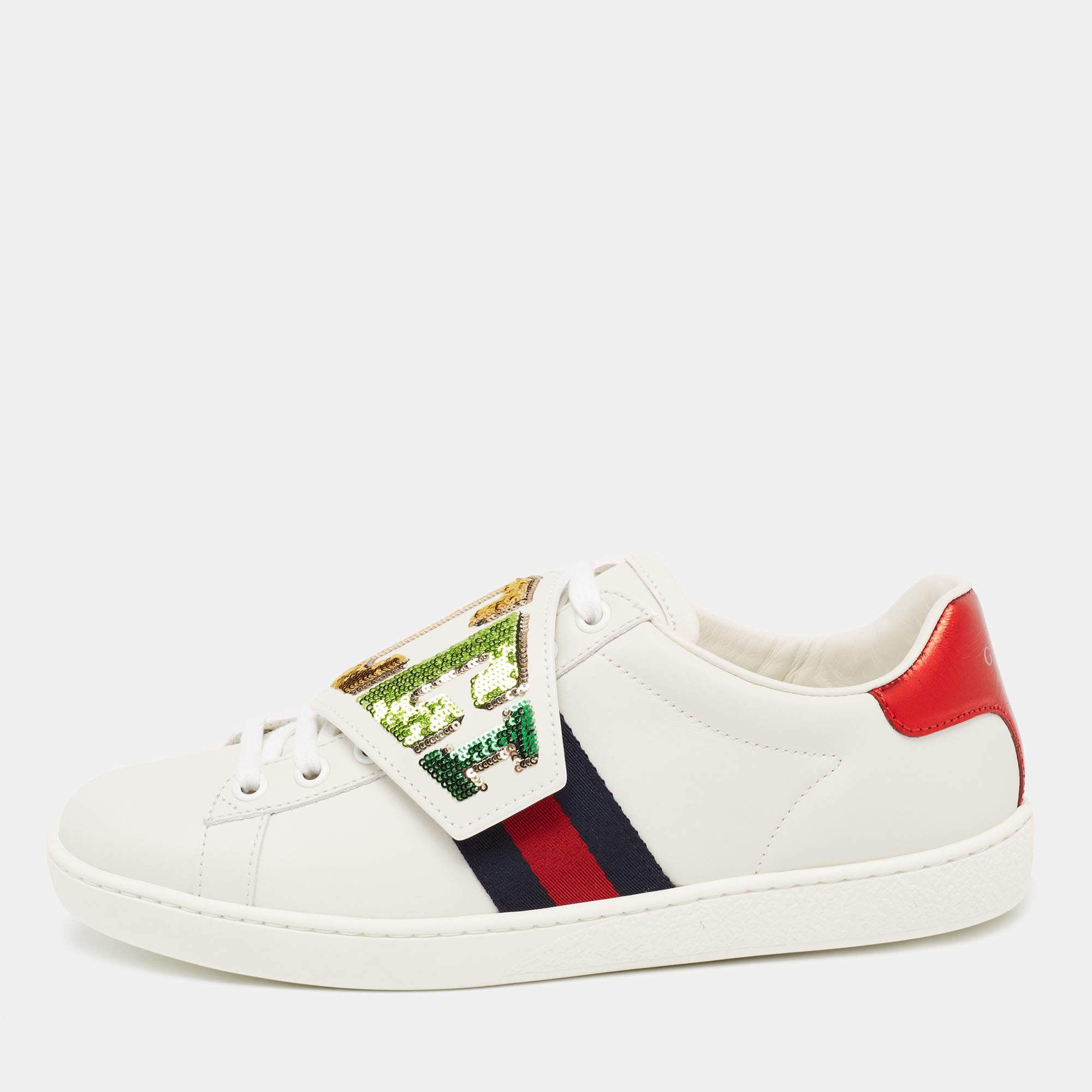 Pre Owned Gucci White Leather And Canvas Ace Sneakers Size 37