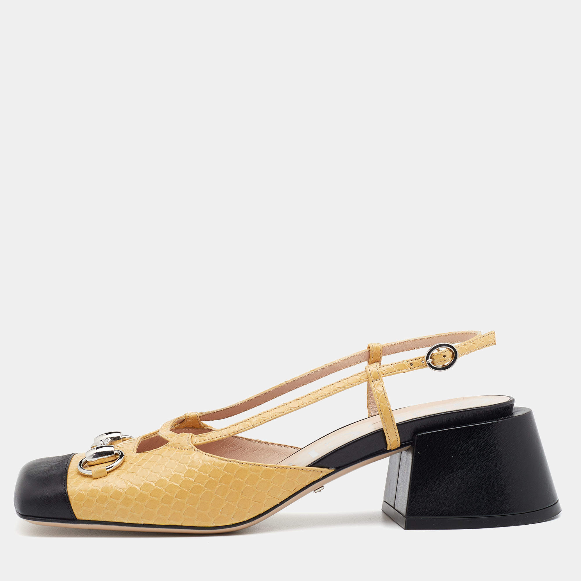 Pre Owned Gucci Yellow/Black Snakeskin Leather Horsebit Block Heel Ankle Strap Sandals Size 40