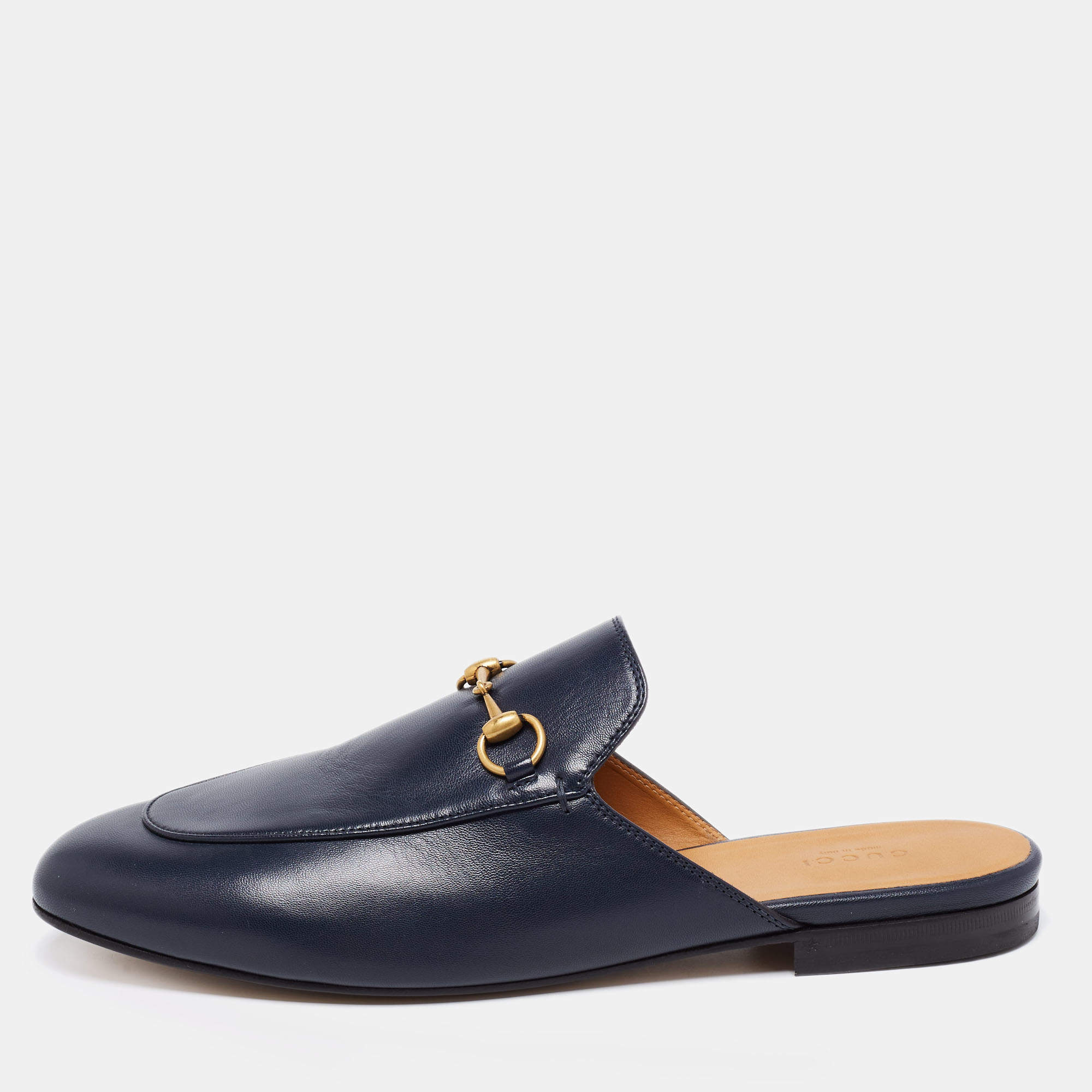 Gucci Navy Blue Leather Princetown Flat Mules Size 41.5