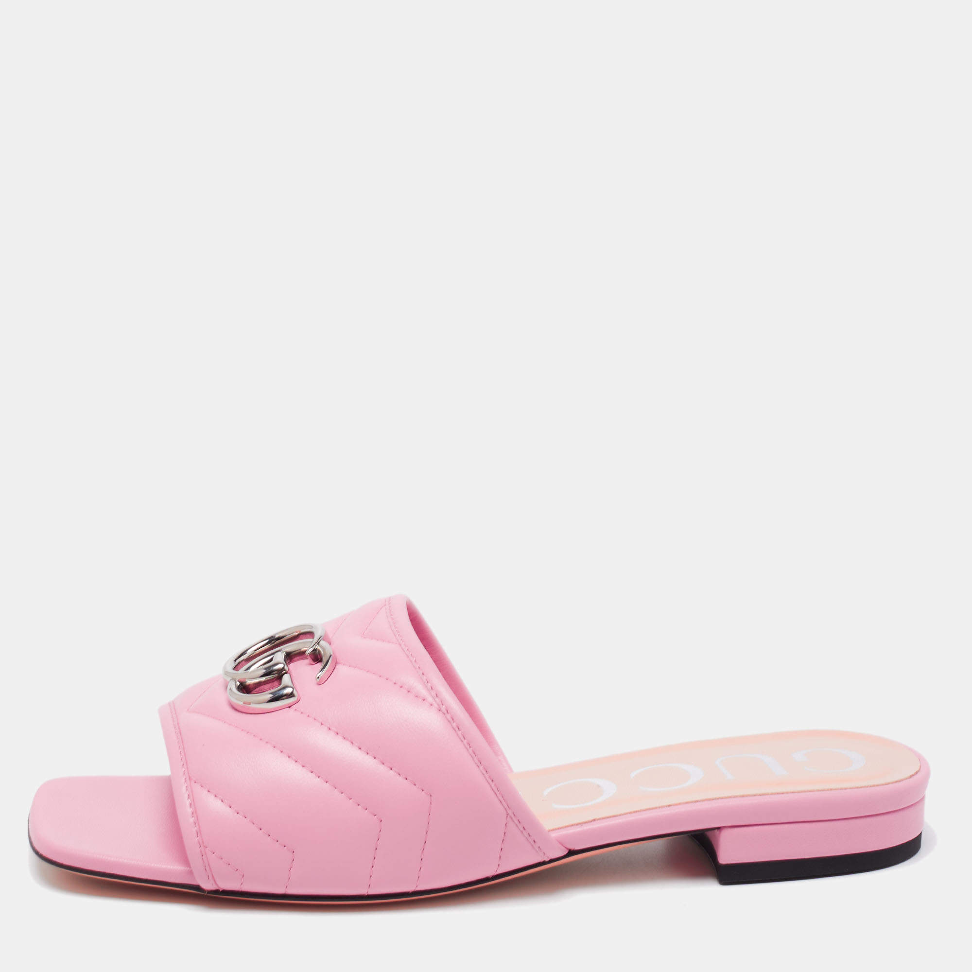 مملوكة مسبقًا Gucci Pink Matelassé Leather GG Marmont Flat Slide Sandals Size 37.5
